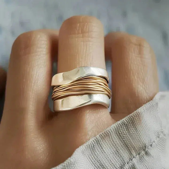 Silver Ring with Golden Thread Design /