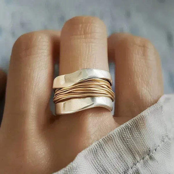 Silver Ring with Golden Thread Design /