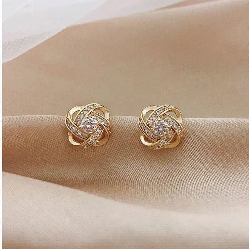 Gold Spiral Floral Crystal Stud Earrings /