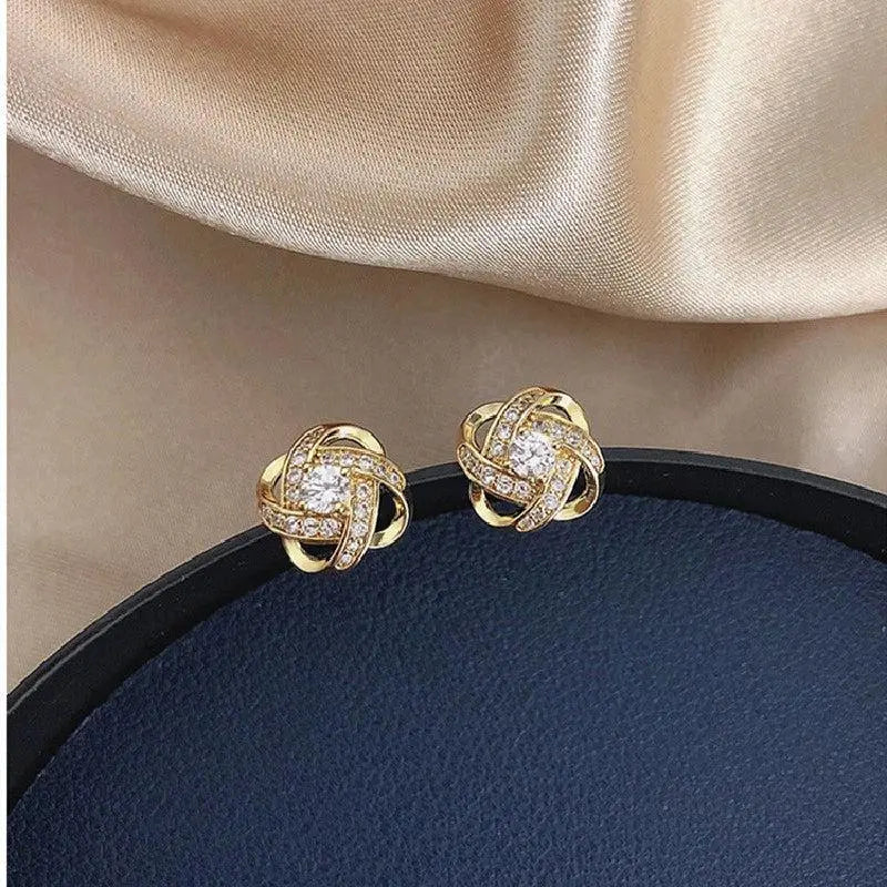 Gold Spiral Floral Crystal Stud Earrings /