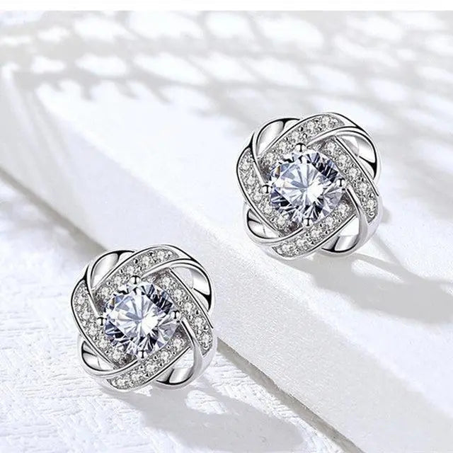 Gold Spiral Floral Crystal Stud Earrings /