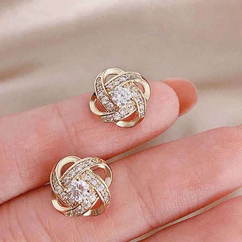 Gold Spiral Floral Crystal Stud Earrings /