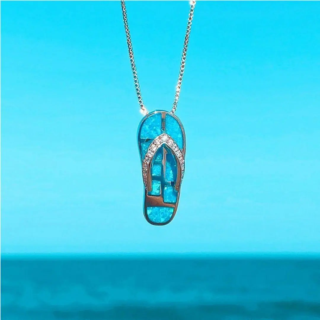 Silver Blue Opal Flip Flop Pendant Necklace VIP