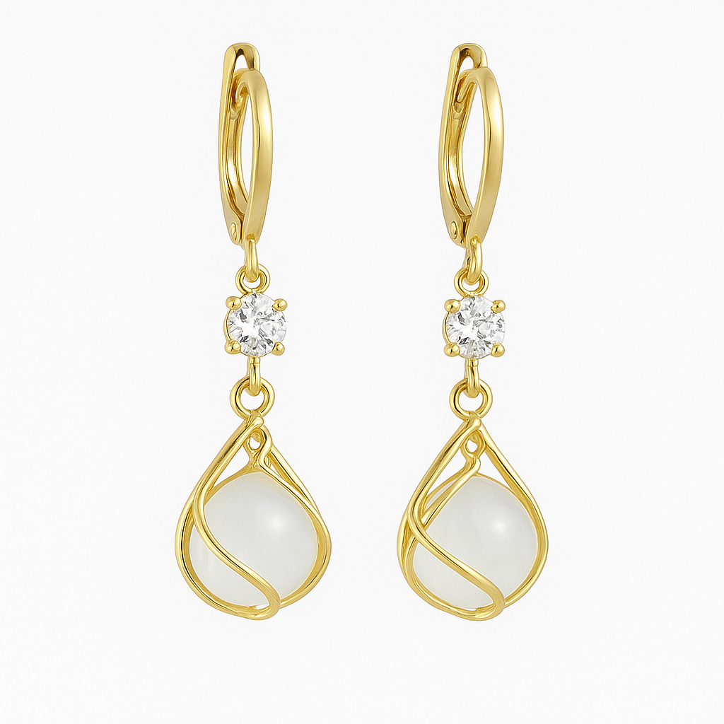 Gold Wire Wrapped White Opal Drop Earrings /