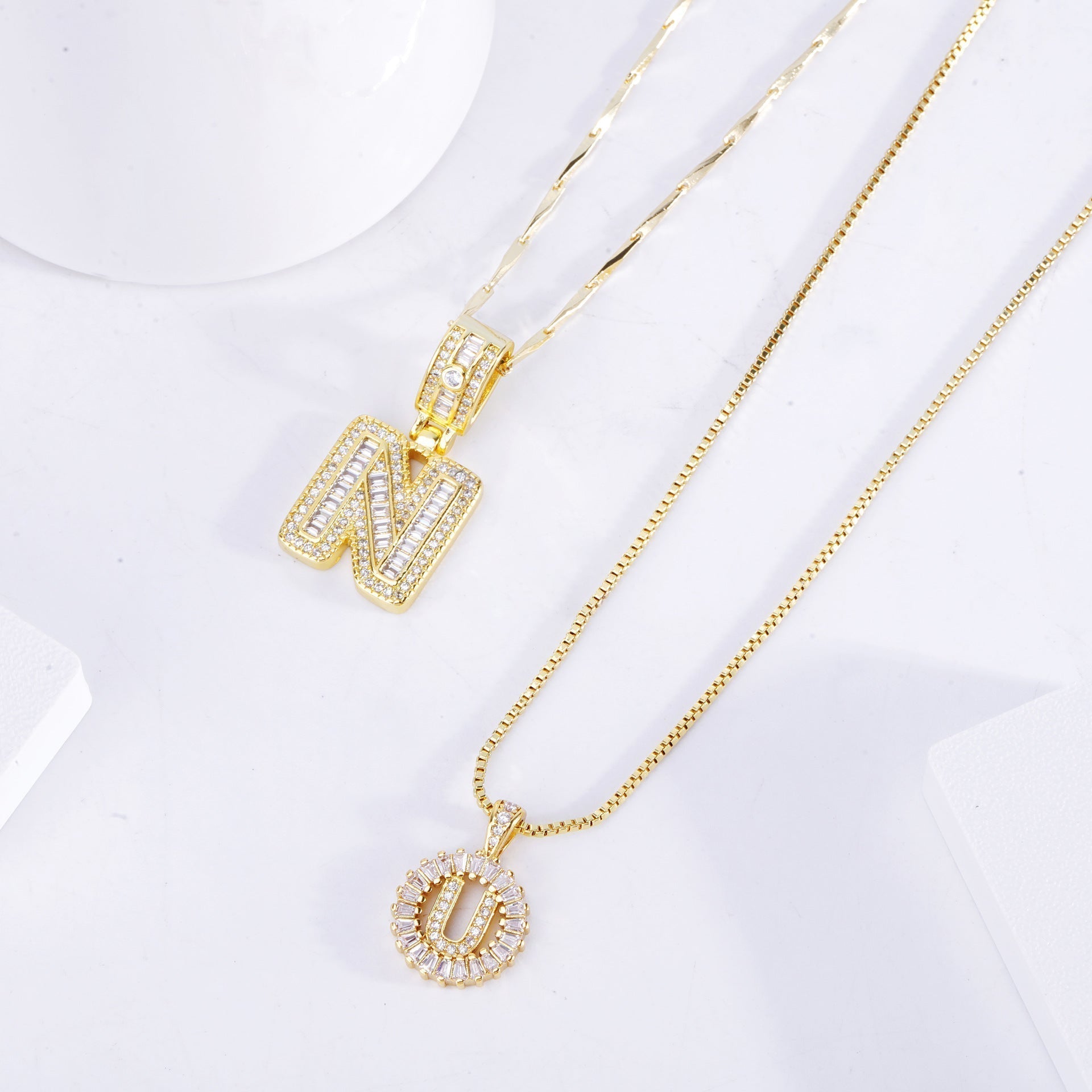 Gold Pave Letter Initial Necklace Set