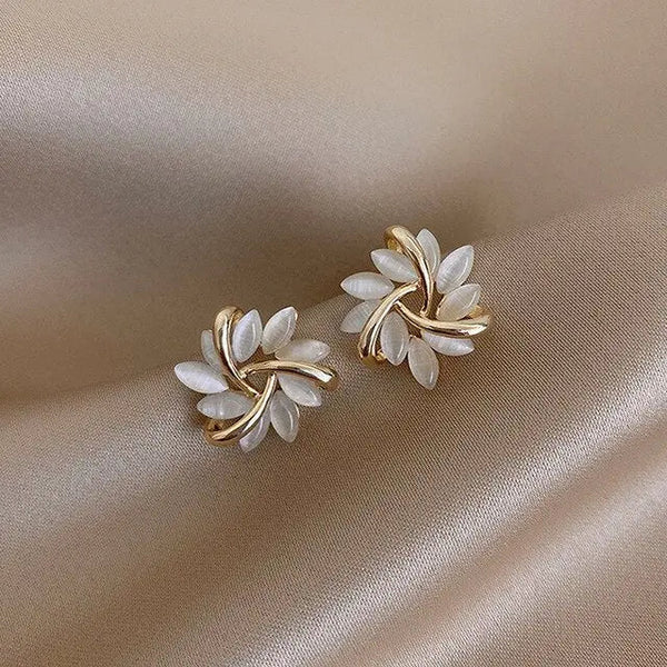 Gold Leaf White Opal Stud Earrings /