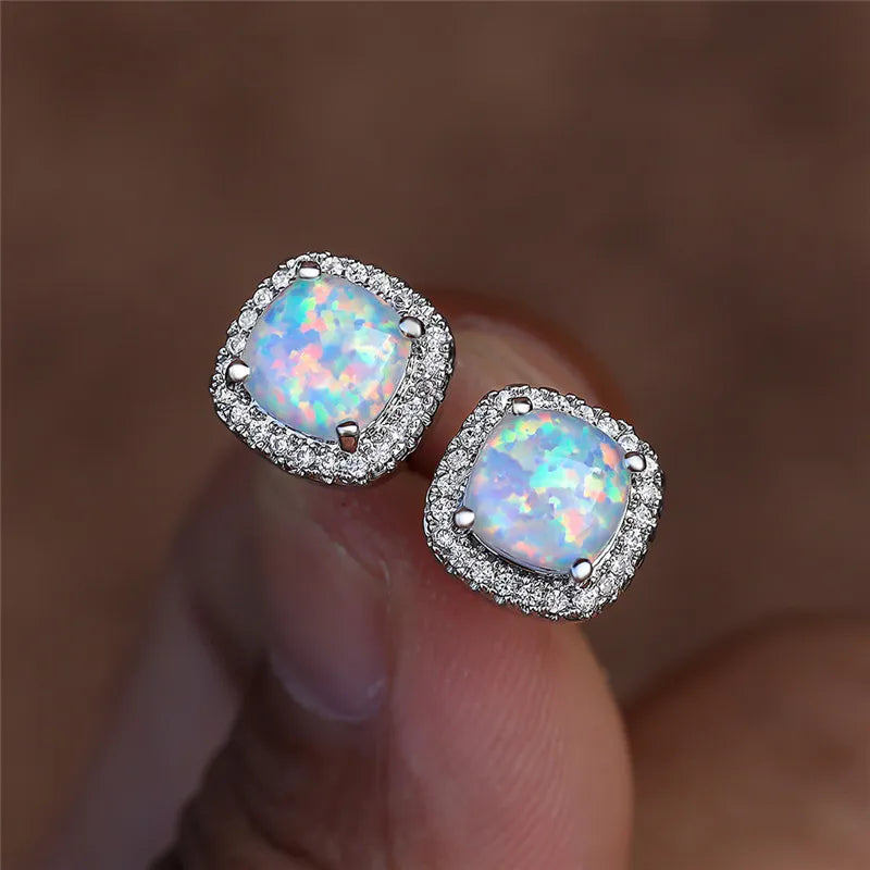 Elegant Silver Round White Fire Opal Stud Earrings /