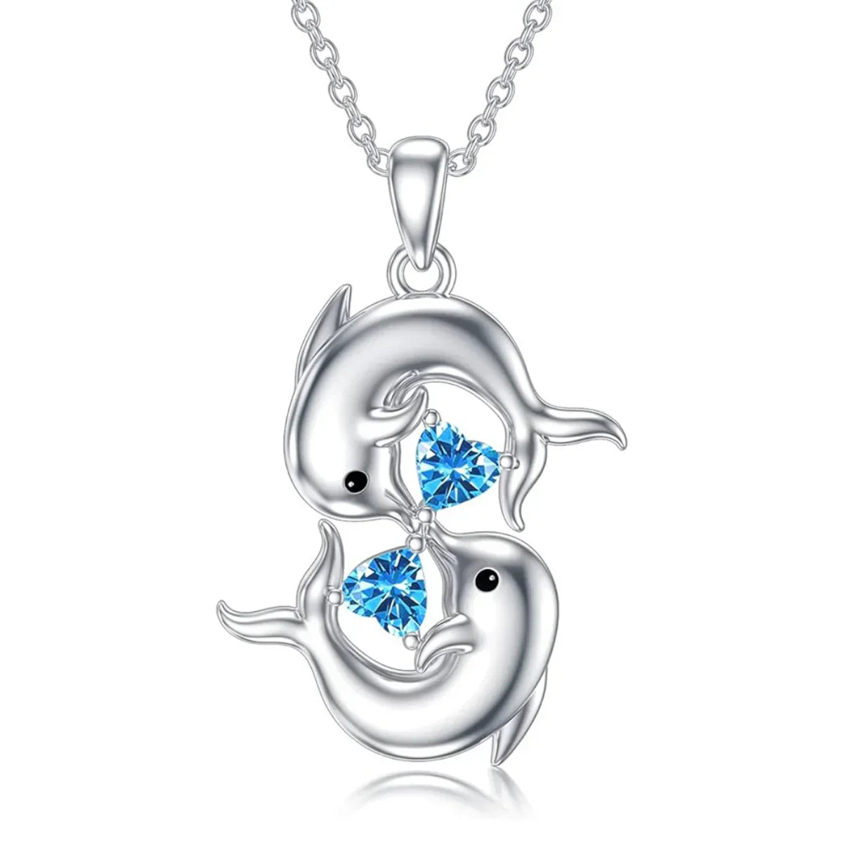 Silver Twin Dolphin Blue Crystal Necklace VIP