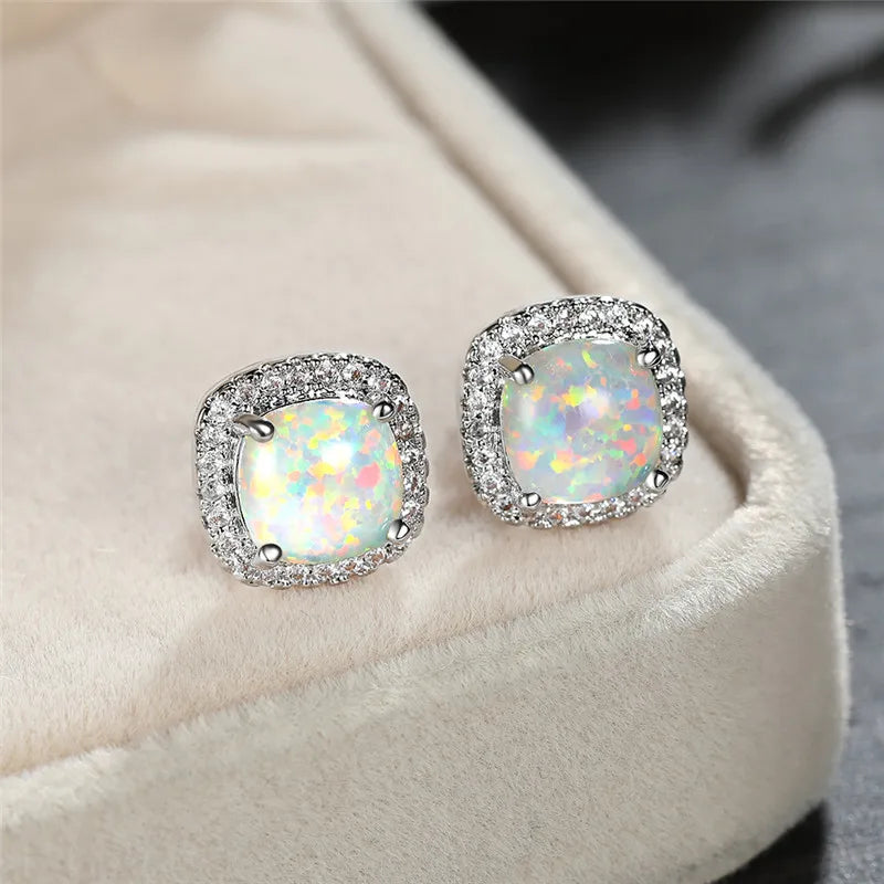 Elegant Silver Round White Fire Opal Stud Earrings /