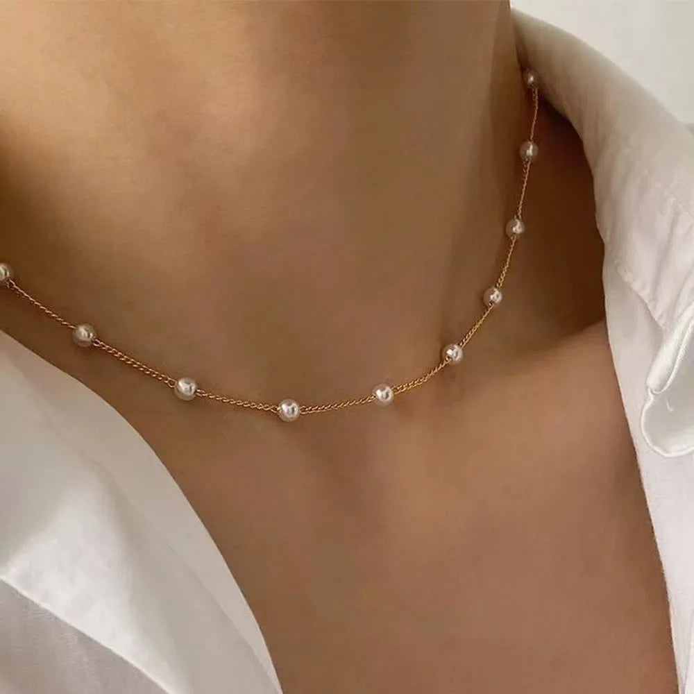 Eloria Dainty Beaded Pearl Chain Necklace