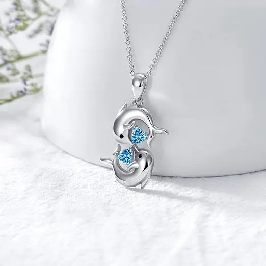 Silver Twin Dolphin Blue Crystal Necklace VIP