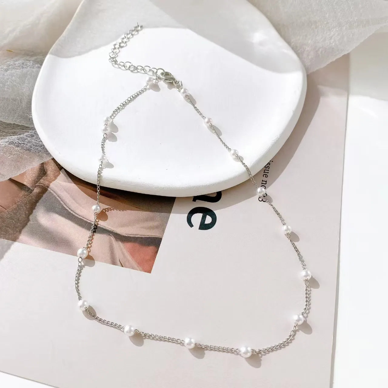 Eloria Dainty Beaded Pearl Chain Necklace