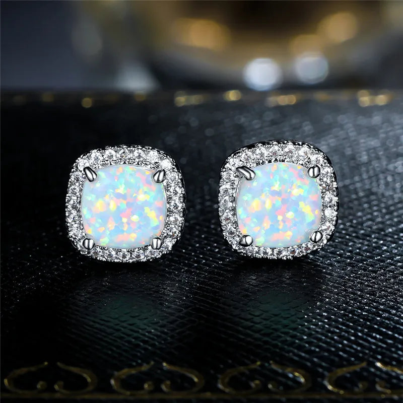Elegant Silver Round White Fire Opal Stud Earrings /