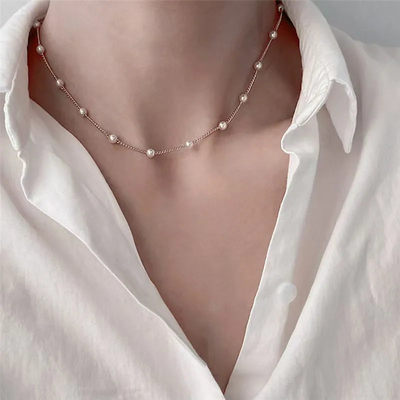 Eloria Dainty Beaded Pearl Chain Necklace