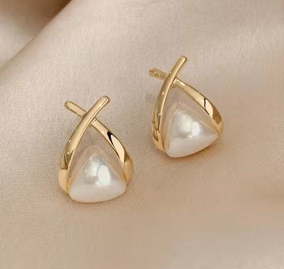 Vintage Cross Triangle Pearl Dropping Earrings /