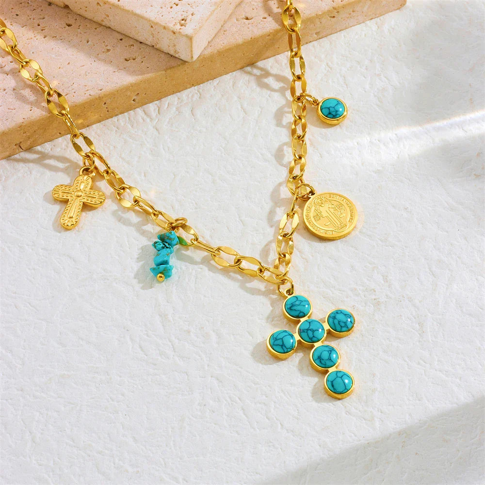 Exclusive Stainless Steel Turquoise Cross Necklace