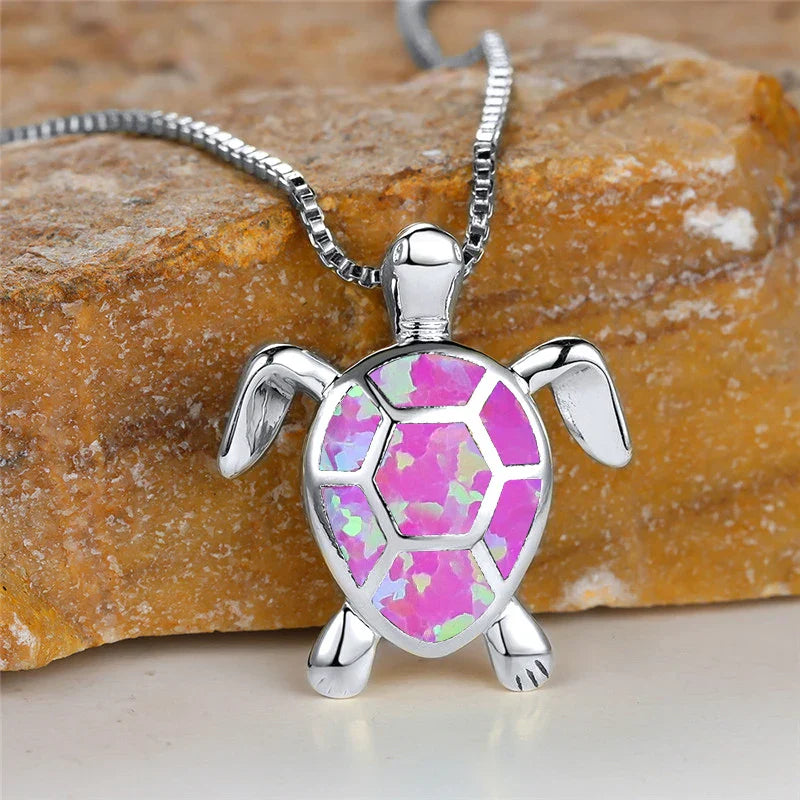 Vintage Gold Green Fire Opal Turtle Pendant Necklace