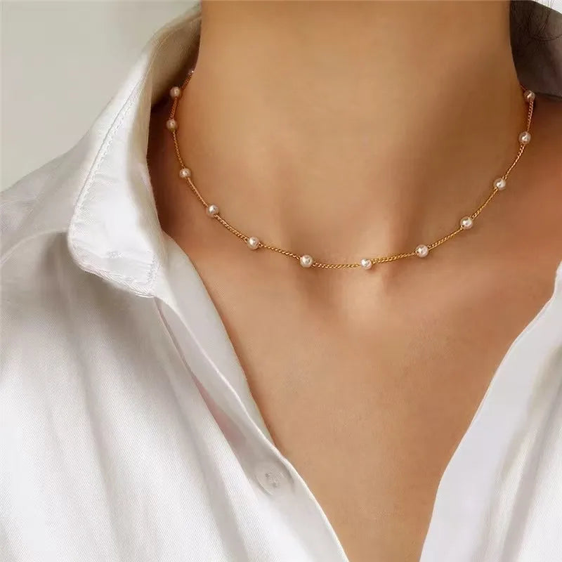Eloria Dainty Beaded Pearl Chain Necklace