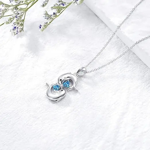 Silver Twin Dolphin Blue Crystal Necklace VIP
