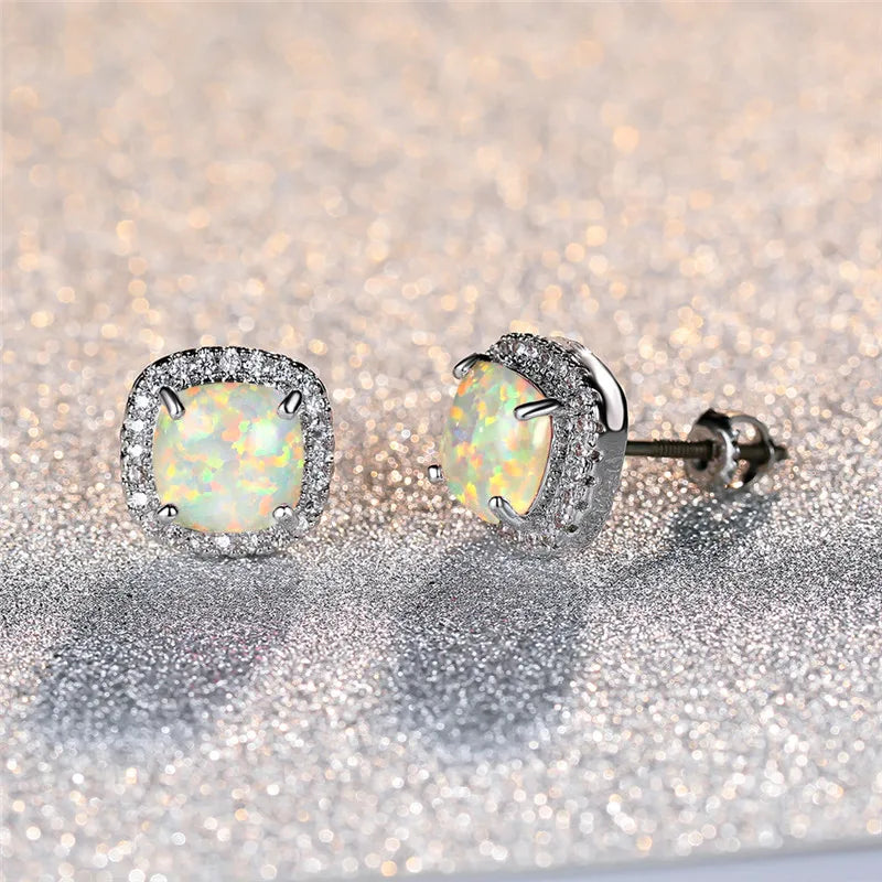 Elegant Silver Round White Fire Opal Stud Earrings /
