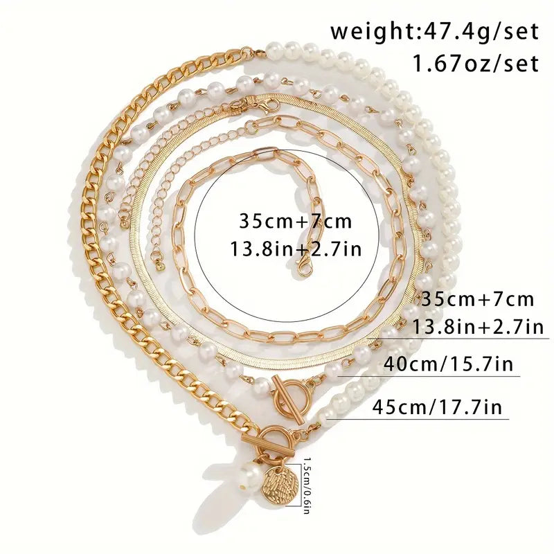 Vintage Pearl and Gold Snake Chain Necklace Set