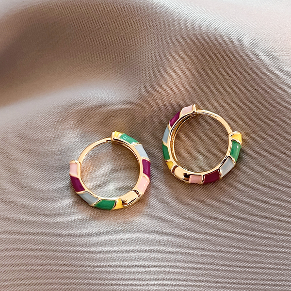 Gold Multicolor Enamel Hoop Earrings /