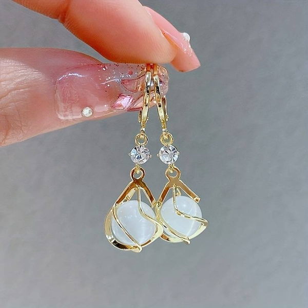 Gold Wire Wrapped White Opal Drop Earrings /